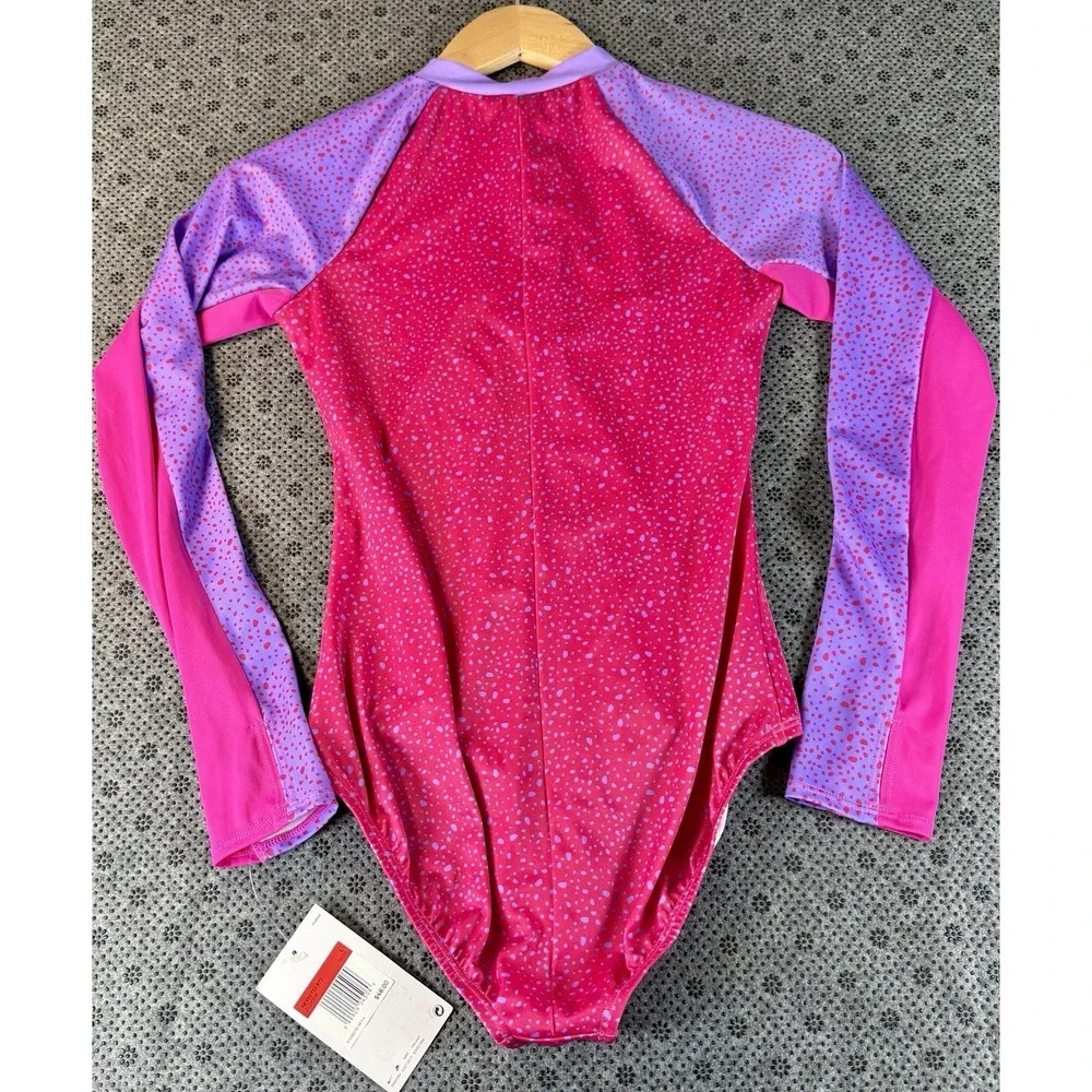 Nike Girls Long Sleeve One-Piece Swimsuit Pink Purple Water Dots Size L (14/16) - Picture 10 of 11